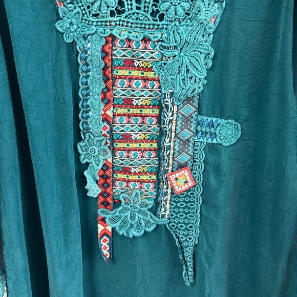 Johnny Was Teal Rayon Embroidered Floral Lace Size Small Tunic Blouse Shirt - Picture 3 of 6